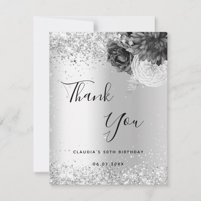 Silver florals sparkle elegant thank you card (Front)
