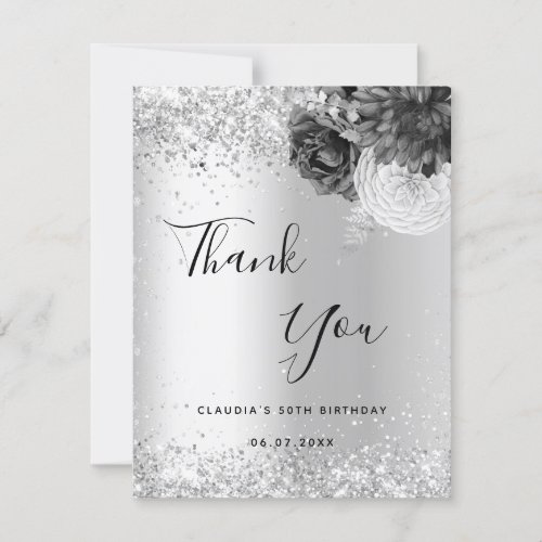 Silver florals sparkle elegant thank you card
