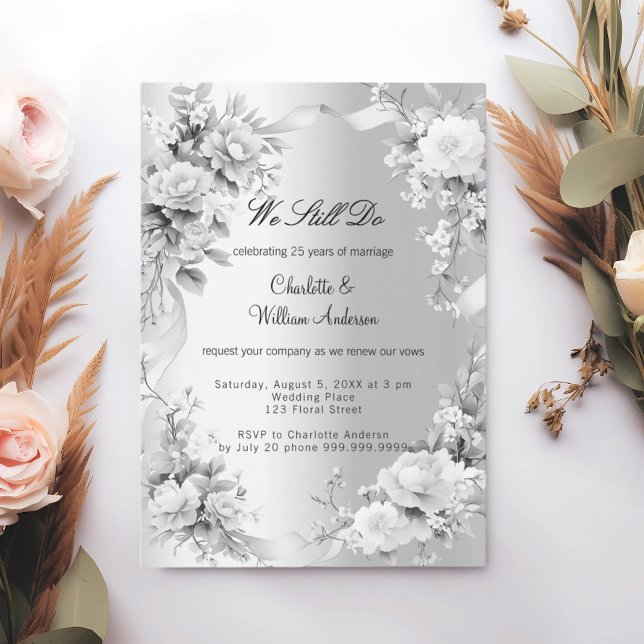 Silver florals wedding vow renewal invitation (Creator Uploaded)