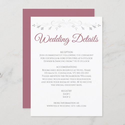 Silver Flourish Dusty Rose Elegant Wedding Details Enclosure Card