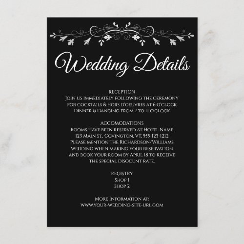 Silver Flourish Elegant Black Wedding Details Enclosure Card