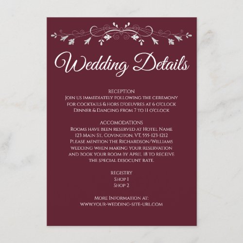 Silver Flourish Elegant Burgundy Wedding Details Enclosure Card