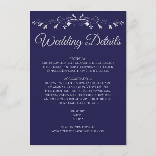 Silver Flourish Elegant Navy Blue Wedding Details Enclosure Card