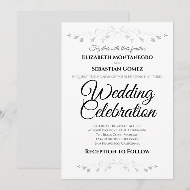 Silver Flourish Floral Faux Foil Wedding Invitation (Front/Back)