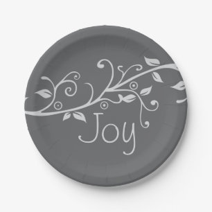 Silver Flourish Joy Christmas Party Paper Plates