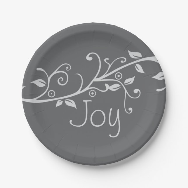 Silver Flourish Joy Christmas Party Paper Plates (Front)