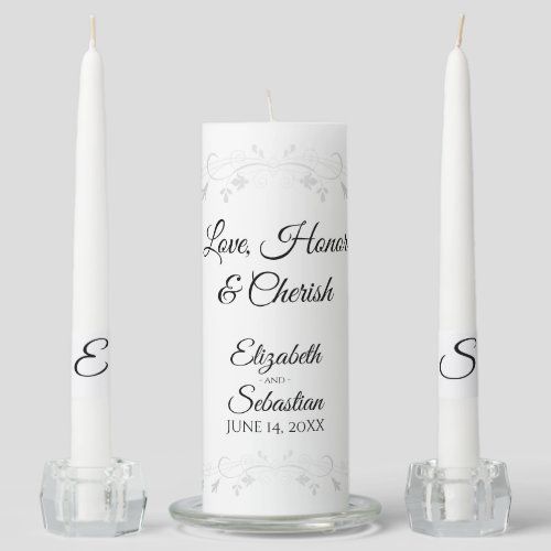 Silver Flourish Love Honor Cherish Wedding Unity Candle Set