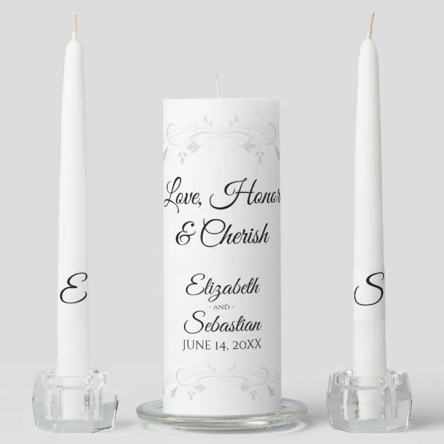 Silver Flourish Love Honor Cherish Wedding Unity Candle Set Zazzle