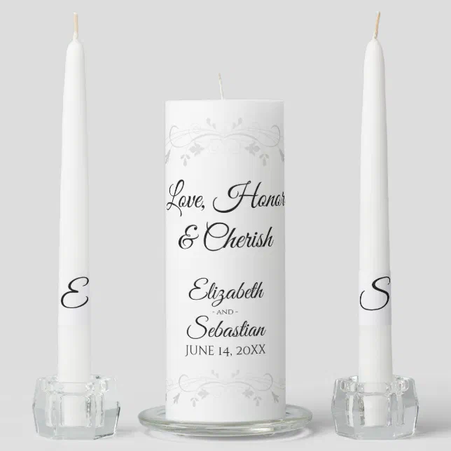 Silver Flourish Love Honor Cherish Wedding Unity Candle Set | Zazzle