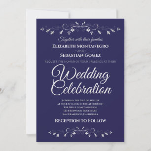 Silver Flourish Navy Blue Simple Elegant Wedding Invitation