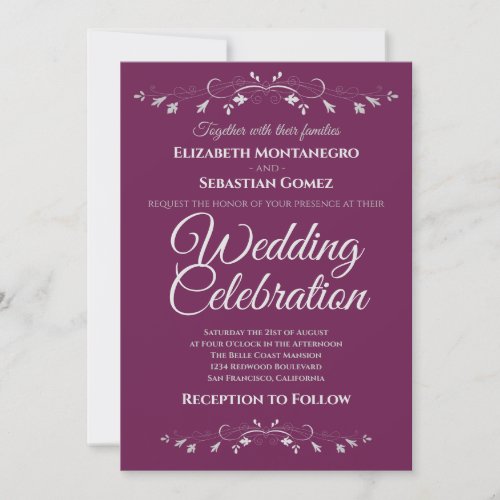 Silver Flourish on Cassis Simple Elegant Wedding Invitation