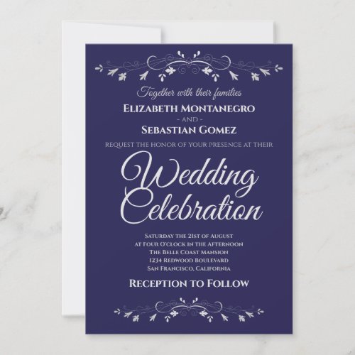 Silver Flourish on Navy Simple Elegant Wedding Invitation