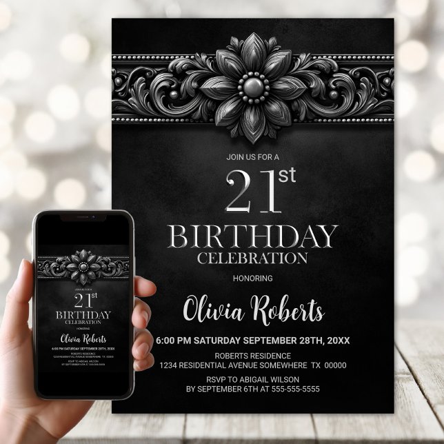 Silver Flower Black 21st Birthday Party Invitation (Creator Uploaded)