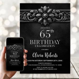 Silver Flower Black 65th Birthday Party Invitation