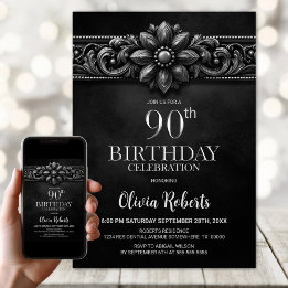 Silver Flower Black 90th Birthday Party Invitation