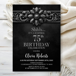 Silver Flower Black Surprise 75th Birthday Party Invitation
