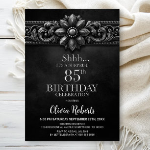 Silver Flower Black Surprise 85th Birthday Party Invitation