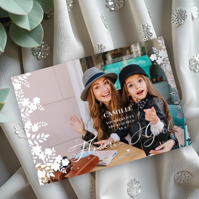 Silver Flower Girl Proposal Botanical Frame Photo Foil Invitation (Silver Flower Girl Proposal Botanical Frame Photo Metallic Foil Card with Envelope.)