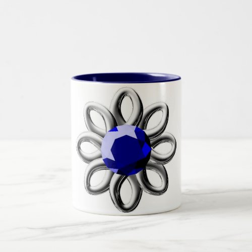 Silver flower with blue stone Two_Tone coffee mug
