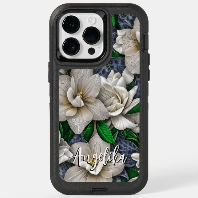 Silver Flowers and Glitters with Personalized Name Otterbox iPhone Case (Back)