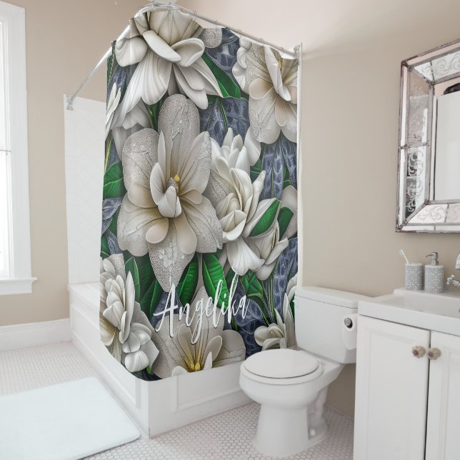 Silver Flowers and Glitters with Personalized Name Shower Curtain (In Situ)