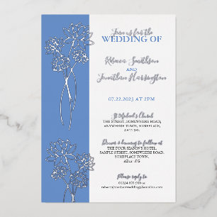 Silver Flowers Blue Photo Wedding Foil Invitation