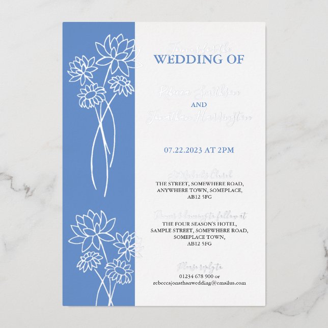 Silver Flowers Blue Photo Wedding Foil Invitation (Front)