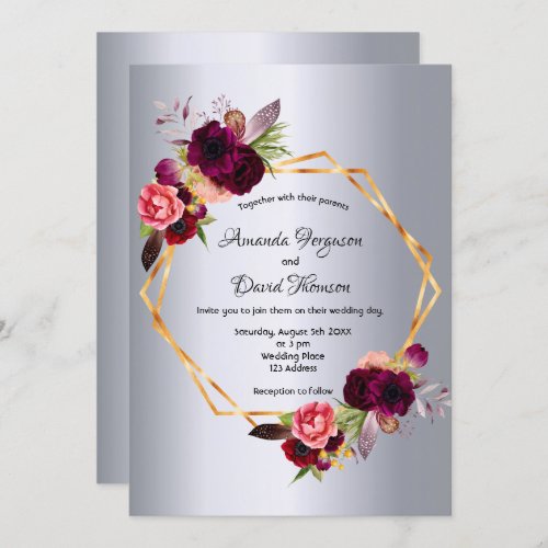 Silver flowers gold geometric wedding invitation