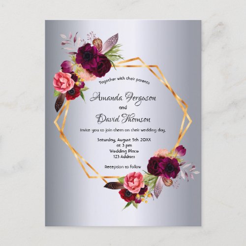 Silver flowers gold geometric wedding invitation postcard