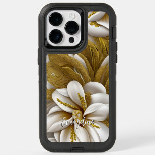 Silver Flowers Gold Rhinestones Custom Name OtterBox iPhone 14 Pro Max Case