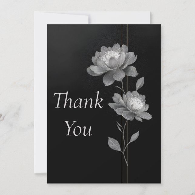 Silver Flowers & Lines on Black Thank You Card (Front)