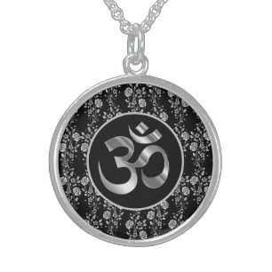 Silver Flowers on Black OM Symbol Sterling Silver Necklace