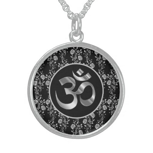 Silver Flowers on Black OM Symbol Sterling Silver Necklace
