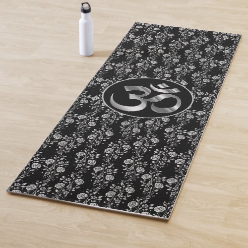 Silver Flowers on Black OM Yoga Mat