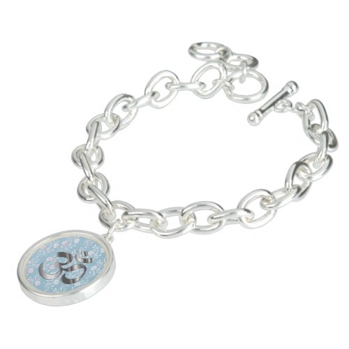 Silver Flowers on Blue OM Symbol Bracelet
