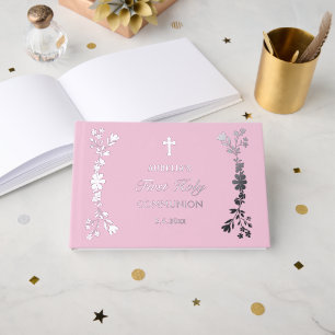 Silver Flowers on Pink First Communion Foil Guest Book
