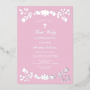 Silver Flowers on Pink First Communion Foil Invitation