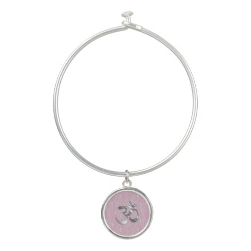 Silver Flowers on Pink OM Symbol Bangle Bracelet