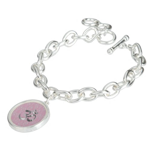 Silver Flowers on Pink OM Symbol Bracelet