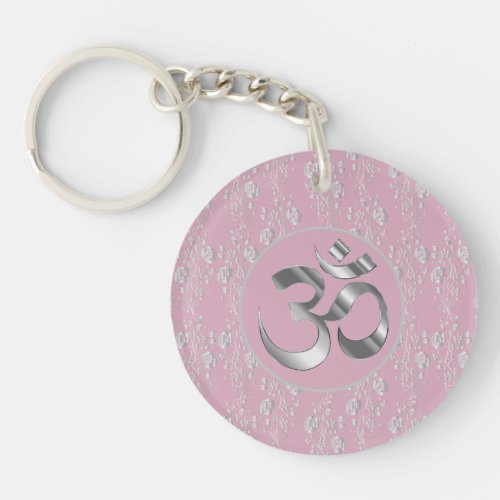 Silver Flowers on Pink OM Symbol Keychain