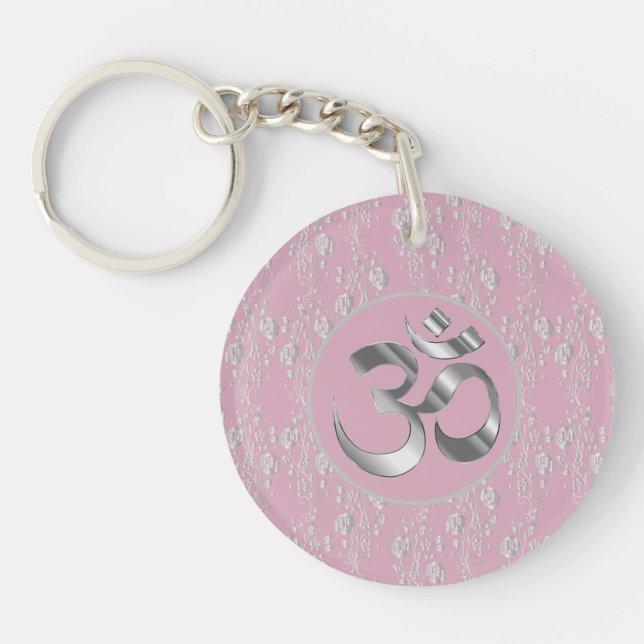Silver Flowers on Pink OM Symbol Keychain (Front)