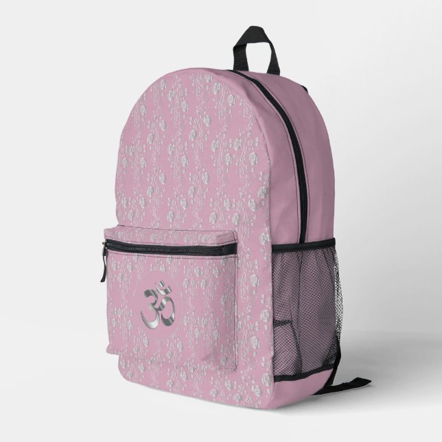 Silver Flowers on Pink OM Symbol Printed Backpack (Back Corner Right)