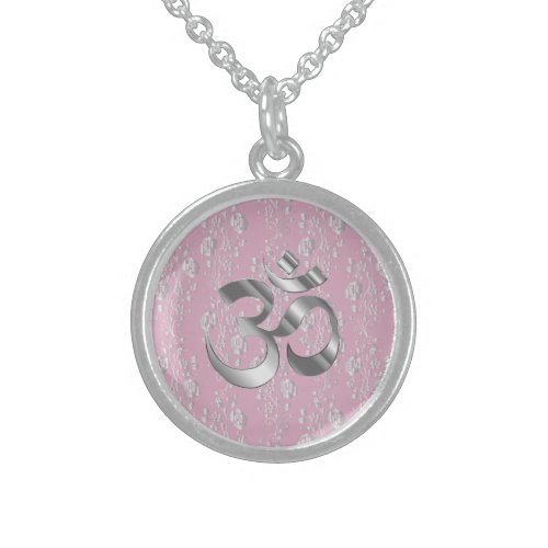 Silver Flowers on Pink OM Symbol Sterling Silver Necklace