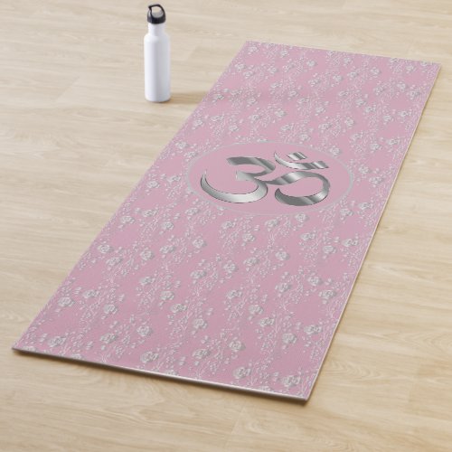 Silver Flowers on Pink OM Yoga Mat