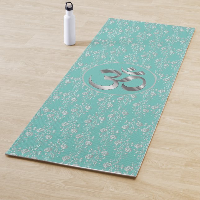 Silver Flowers on Turquoise OM Yoga Mat (In Situ)