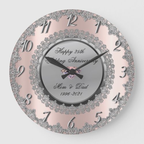 Silver Flowers  Rose Gold 25th Wedding Anniversary Large Clock
