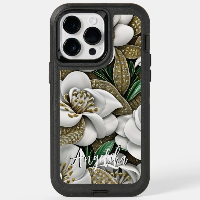 Silver Flowers with Gold Glitters Custom Name Otterbox iPhone Case (Back)
