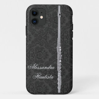 Silver Flute on Black Damask iPhone 11 Case