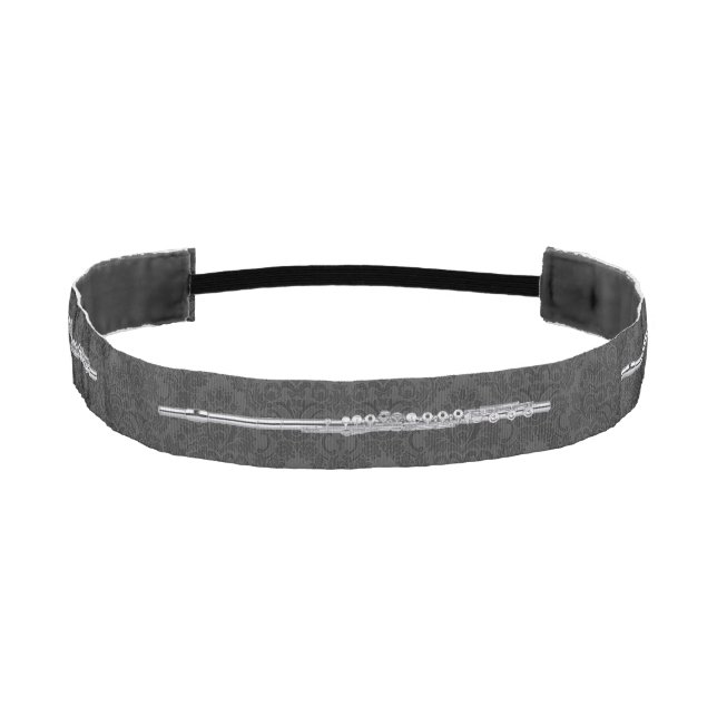 Silver Flute on Black Damask Effect Athletic Headband (Front)