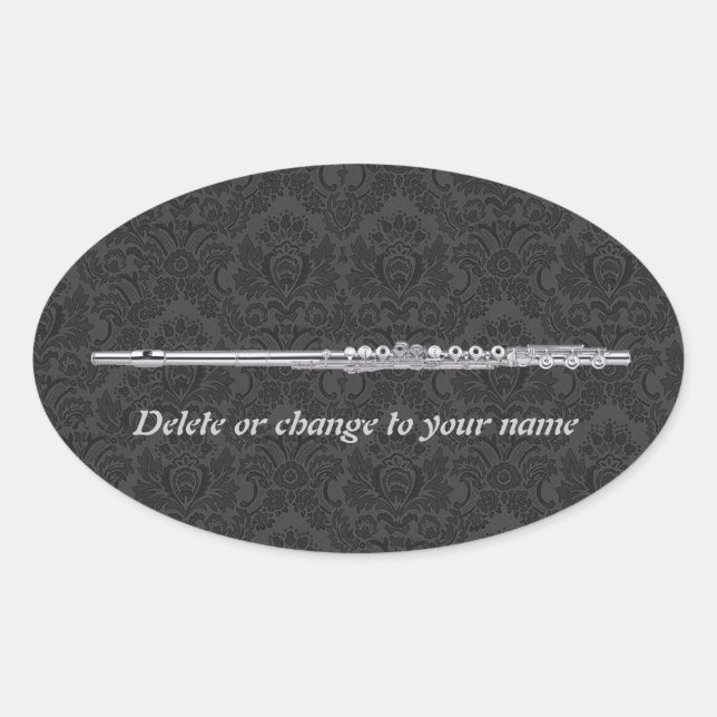 Silver Flute on Black Damask Oval Sticker (Front)